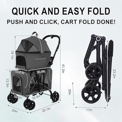 Double Dog Stroller, Foldable 3-in-1 Cat Stroller with 2 Detachable Carriers, Safety Belt, Washable Cover, Removable Pads, 4 Wheels Travel Pet Stroller for Small Medium Dogs (Grey) - PAWPICO