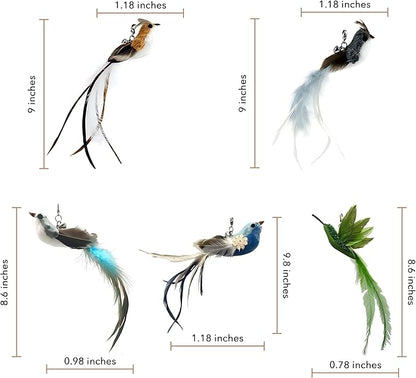Deluxe Bird Replacement Heads for Cat Toys - Set of 5 - Realistic Feather Designs Including Blue Floral, Two-Tone, Traditional, Black & White, Green Hummingbird - Easy Clip-On - PAWPICO