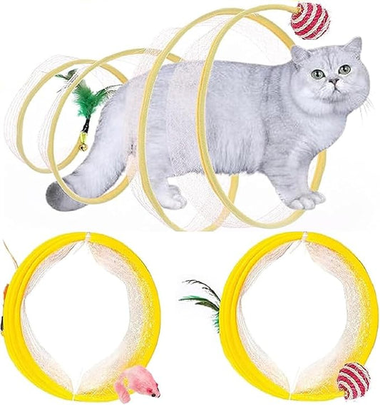 2Pcs Folded Cat Tunnel Toy for Indoor Cats,Collapsible Pet Spring Cat Toys with Feather Mouse Upgrade Interactive Toy Playing Tent for Puppy Kitten Accessories Home Self-Happy Cat Toys (Yellow) - PAWPICO