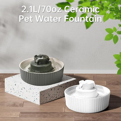 Ceramic Cat Water Fountain, 2.1L/70oz Ceramic Pet Water Fountain Automatic Cat Drinking Fountains Pet Water Bowl, Porcelain Cat Water Dispenser with Ultra-Quiet Pump for Cats and Dogs (White) - PAWPICO