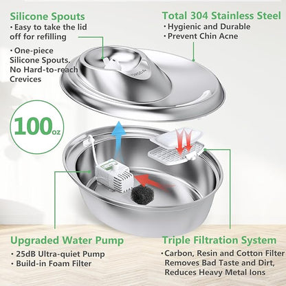 ORSDA Cat Water Fountain Stainless Steel, 3L Automatic Pet Drinking Fountain for Cats Inside, Dog Water Dispenser with Adjustable Water Flow and 6 Replacement Filters for Cats, Dogs - PAWPICO