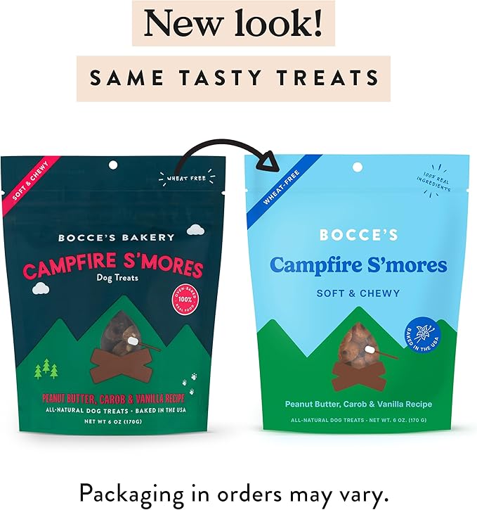 Bocce's Bakery Campfire S'Mores Treats for Dogs, Wheat-Free Everyday Dog Treats, Made with Real Ingredients, Baked in The USA, All-Natural Soft & Chewy Cookies, Peanut Butter, Carob, & Vanilla, 6 oz - PAWPICO