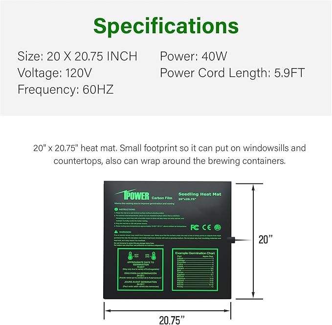iPower 2 Pack 20" x 20.75" Seeding Heat Mat with Thermostat Temperature Adjustable Knob Durable Warm Hydroponic Plant Germination Starting Pad, Black iPower