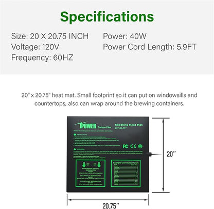 iPower 2 Pack 20" x 20.75" Seeding Heat Mat with Thermostat Temperature Adjustable Knob Durable Warm Hydroponic Plant Germination Starting Pad, Black iPower