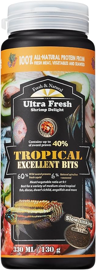Ultra Fresh Tropical Fish Food, Wild Sword Prawn, Natural Color Enhancement, Slow Sinking Pellet for Discus, Angelfish, Medium Sized Cichlids and Fish, Tropical Excellent Bits 4.6 oz UltraFresh-ShrimpDelight