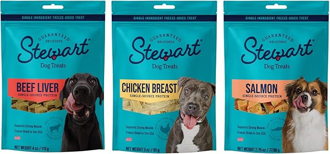 Stewart Single Ingredient Freeze Dried Raw Dog Treats, Pup's Preferred Variety Pack (Beef Liver 4 Ounce + Chicken Breast 3 Ounce + Salmon 2.75 Ounce), High Protein, Training Treats or Meal Topper - PAWPICO