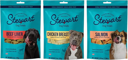 Stewart Single Ingredient Freeze Dried Raw Dog Treats, Pup's Preferred Variety Pack (Beef Liver 4 Ounce + Chicken Breast 3 Ounce + Salmon 2.75 Ounce), High Protein, Training Treats or Meal Topper - PAWPICO