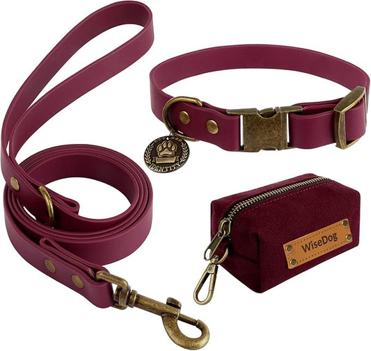 Wisedog Dog Collar and Leash Set Combo: Adjustable Durable Pet Collars with Dog Leashes for Small Medium Large Dogs,includes One Bonus of Poop Bag Holder (M, Burgundy) WisedogPetSupplies