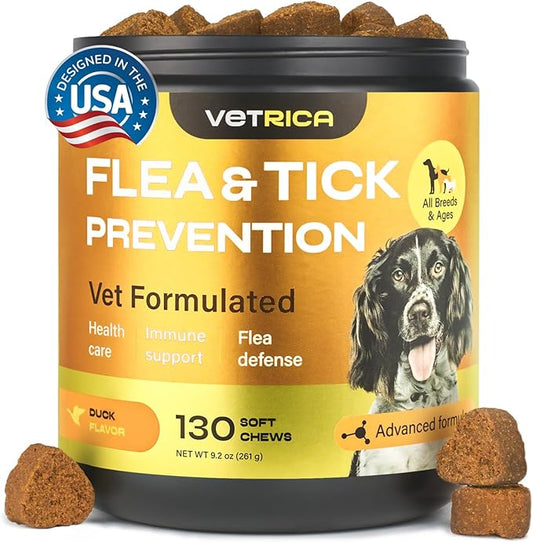 Flea and Tick Prevention for Dogs - Dog Flea Treatment Chews - Immune Support Flea and Tick Chewables for Dogs - Dog Flea & Tick Control Supplement - All Breeds & Ages - Vet Formulated - Soft Treats VETRICA