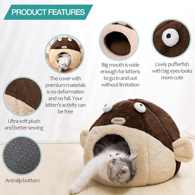 Cat Beds for Indoor Cats - Cat Bed Cave with Removable Washable Cushioned Pillow, Soft Plush Premium Cotton No Deformation Pet Bed, Lively Pufferfish Cat House Design, Brown, Multiple Sizes(S) - PAWPICO