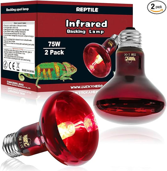 LUCKY HERP Infrared Heat Lamp 75W 2 Pack，Reptile & Amphibian Basking Spot Light Bulbs, Red Heat Lamp Bulbs for Reptiles, Bearded Dragon, Turtle, Lizard, Snake, Chicken LUCKYHERP