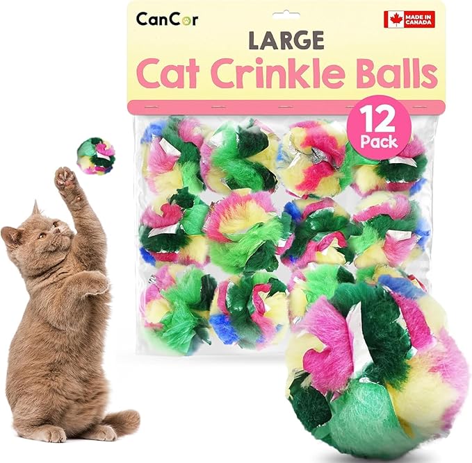 Cat Crinkle Balls 2.5 Inch (12-Pack) - Crinkle Cat Toys for Indoor Cats - Multi-Color Crinkle Cat Toy - Cat Toys Crinkle Balls to Keep Fit and Active - Canadian-Made Crinkle Balls for Cats - PAWPICO