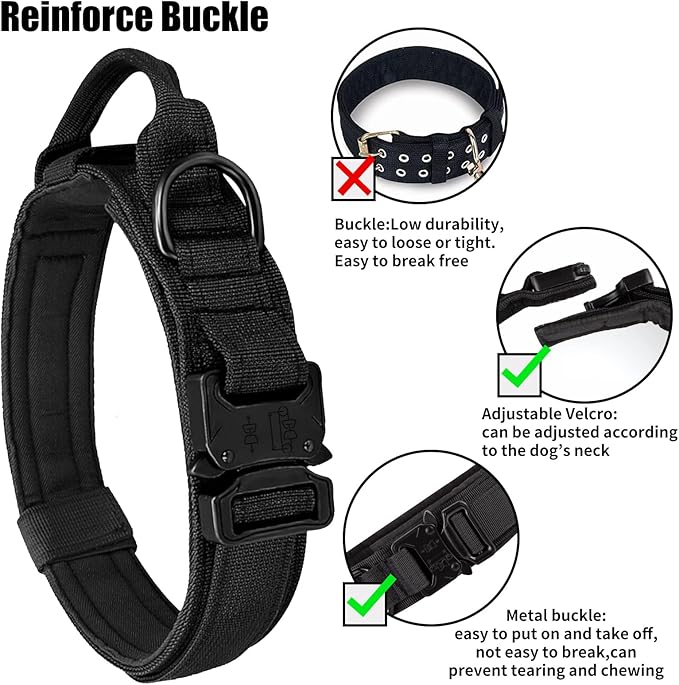 Tactical Dog Collar - Military Dog Collar, Adjustable Heavy Duty Metal Buckle Nylon Dog Collar with Control Handle for Small Medium Large Dogs (Black, XL) - PAWPICO