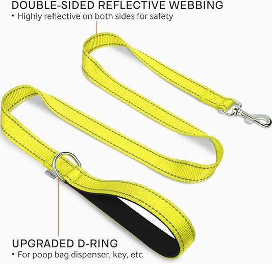 Joytale Double-Sided Reflective Dog Leash, 6 FT/5 FT/4 FT, Padded Handle Nylon Heavy Duty Leashes for Medium & Large Dogs Walking, Yellow, 5FT Joytale