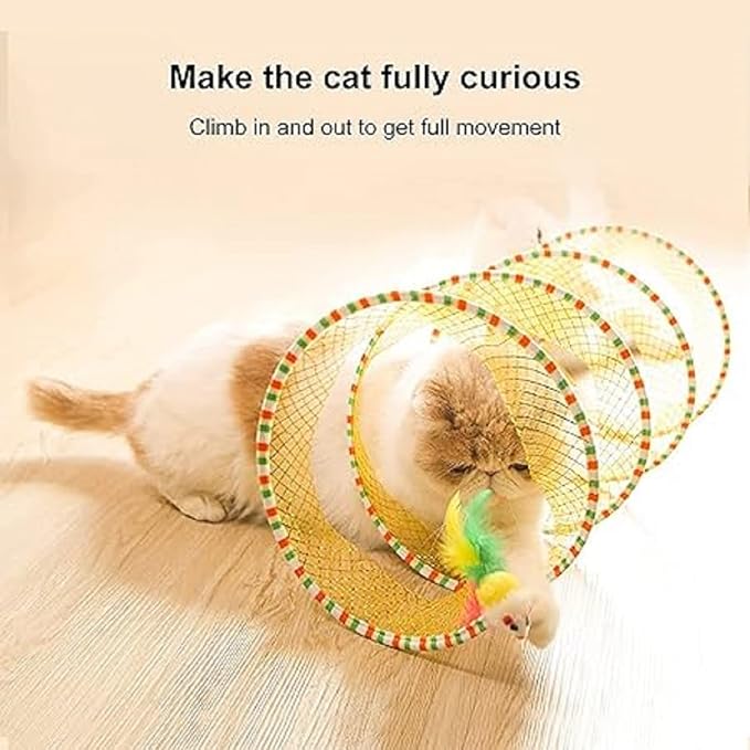 2Pcs Folded Cat Tunnel Toy for Indoor Cats,Collapsible Pet Spring Cat Toys with Feather Mouse Upgrade Interactive Toy Playing Tent for Puppy Kitten Accessories Home Self-Happy Cat Toys (Yellow) - PAWPICO