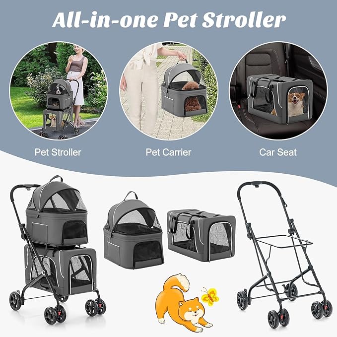 Double Dog Stroller, Foldable 3-in-1 Cat Stroller with 2 Detachable Carriers, Safety Belt, Washable Cover, Removable Pads, 4 Wheels Travel Pet Stroller for Small Medium Dogs (Grey) - PAWPICO