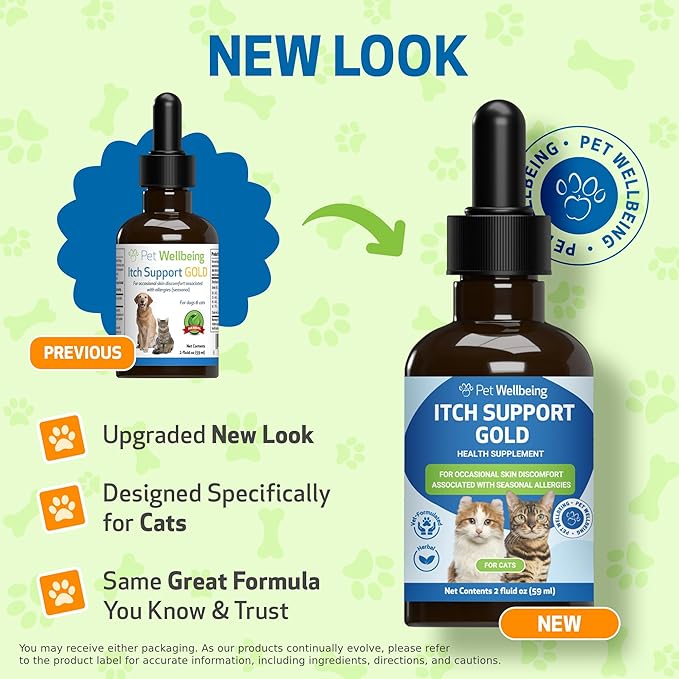 Pet Wellbeing Itch Support Gold for Cats - Occasional Itching, Scratching, and Hot Spots, Environmental and Seasonal Allergies, Dong Quai - Veterinarian-Formulated Herbal Supplement 2 oz (59 ml) PetWellbeing