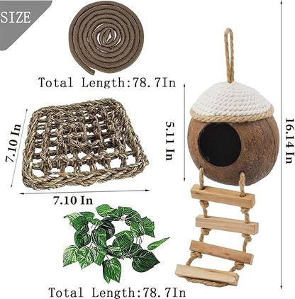 Leopard Gecko Coconut Hut with Ladder,Grested Gecko Coco Den Lizards Hanging Coconut Shell Hideout Cave Reptiles Tank Accessories Climbing Hanging Plants Jungle Vine Flexible Leaves Decor MUYG