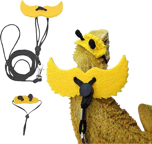 Adjustable Bearded Dragon Harness with Wings and Bee Hat Set, Lizard Leash Cute Hats for Small Reptiles Geckos Hamster, Bearded Dragon Stuff, Leopard Gecko Accessories (Head Cover+Traction Rope) HomedyCrafts