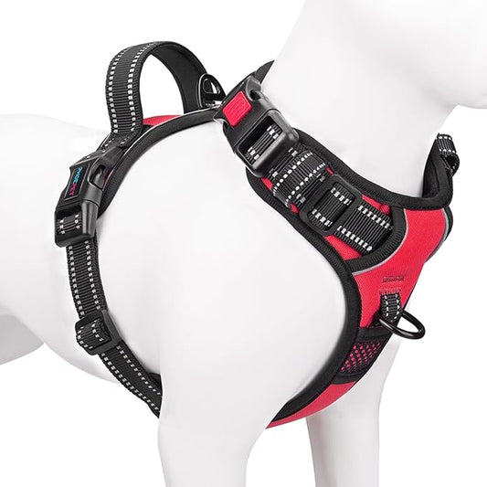 PHOEPET Reflective Dog Harness Large Breed Adjustable No Pull Vest with Handle 2 Metal Rings 3 Buckles [Easy to Put on & Take Off](XL, Red) PHOEPET