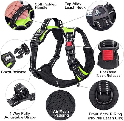 PoyPet Dog Harness No Pull, Reflective Adjustable No Choke Pet Vest with Front & Back Clips, Soft Padded and Control Training Handle for Large Dogs (Green, XL) PoyPet