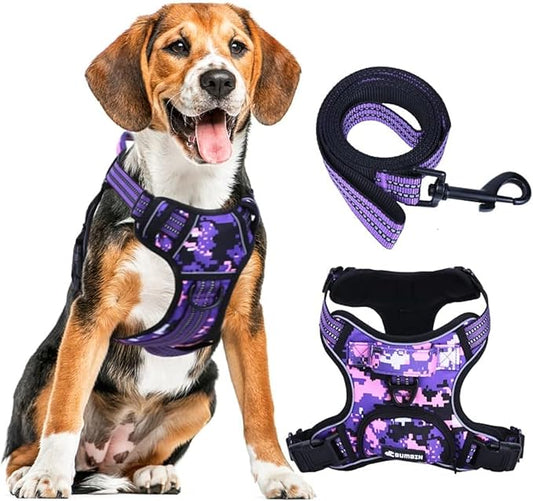 No Pull Dog Harness for Large Dogs, Adjustable No Choke Pet Vest with Dog Leash Fit Smart Reflective Pet Walking Harness for Training Easy Control Soft Handle Purple Camo L BUMBIN