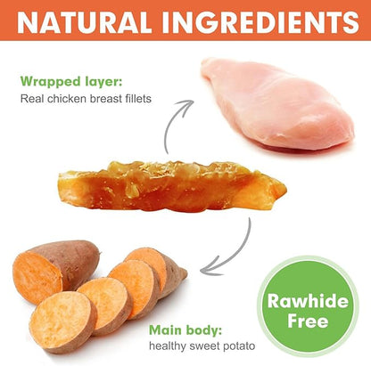 MON2SUN Dog Treats Rawhide Free Chicken Wrapped Sweet Potato Dog Snacks, Gluten & Grain Free Dog Treats for Puppy and Small Dogs, (Chicken, 10 Ounce -Pack of 1) - PAWPICO