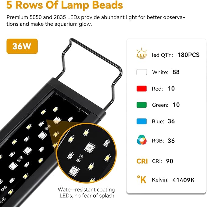 hygger 36W LED Aquarium Light, 36-42 Inch Fish Tank Light with Timer Auto On/Off, Sunrise Sunset Mode, Adjustable Brightness and Colors, Full Spectrum Light with Extendable Brackets for Freshwater hygger