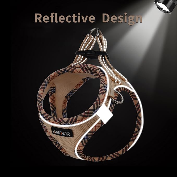 AMTOR Small Dog Harness with Leash Set, No Escape Easy Walk Puppy Harnesses for Training Walking, Step-in Reflective Soft Dogs Vest for XS S Medium Extra-Small Large Sized Dog(Beige,XL) AMTOR