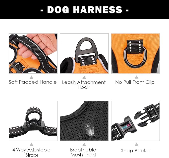 PHOEPET No Pull Dog Harnesses for Small Dogs Reflective Adjustable Front Clip Vest with Handle 2 Metal Rings 3 Buckles [Easy to Put on & Take Off] (XS, Orange) PHOEPET