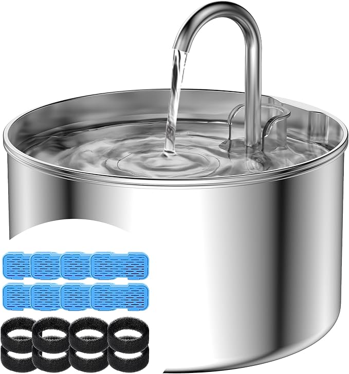 AOOGITF Cat Water Fountain + 8 Filters + 8 Sponges, 304 Stainless Steel Pet Water Fountain, 24 Hours Keep The Water Clean, 74oz Capacity, Ultra-Quiet, No Sputter, Compact, Easy Cleaning - PAWPICO