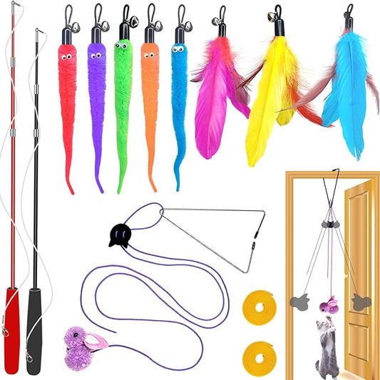 Cat Toys Interactive for Indoor Cats,2PCS Retractable Cat Wand Toys,9PCS Teaser Toys&1PCS Hanging Door Lure Cat Toy,Interactive Feather Toy for Teaser Play and Chase Exercise with Kitten - PAWPICO