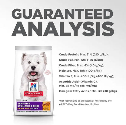 Hill's Science Diet Sensitive Stomach & Skin, Adult 1-6, Stomach & Skin Sensitivity Support, Small Kibble, Dry Dog Food, Chicken Recipe, 15 lb Bag - PAWPICO