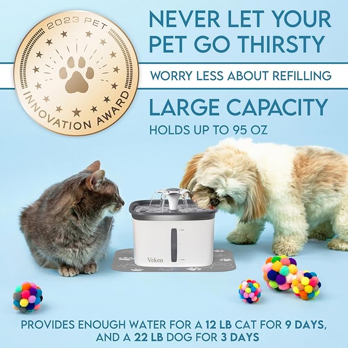 Veken 95oz/2.8L Pet Fountain, Automatic Cat Water Fountain Dog Water Dispenser with Replacement Filters for Cats, Dogs, Multiple Pets (Grey, Plastic) - PAWPICO