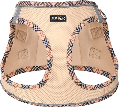AMTOR Small Dog Harness with Leash Set, No Escape Easy Walk Puppy Harnesses for Training Walking, Step-in Reflective Soft Dogs Vest for XS S Medium Extra-Small Large Sized Dog(Beige,S) AMTOR