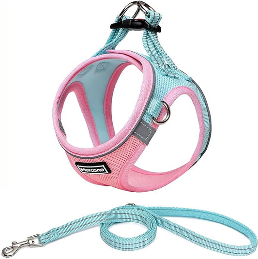 Mercano Soft Mesh Dog Harness and Leash Set, No-Chock Step-in Reflective Breathable Lightweight Easy Walk Escape Proof Vest Harnesses with Safety Buckle for Small Medium Dogs, Cats (M, Pink Blue) PAWPICO