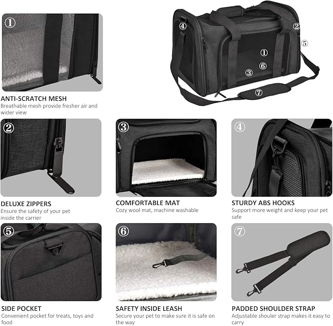 Henkelion Large Soft Sided Cat and Pet Carrier for Cats and Puppies up to 25Lbs - Collapsible, Waterproof Travel Carrier - Black - PAWPICO