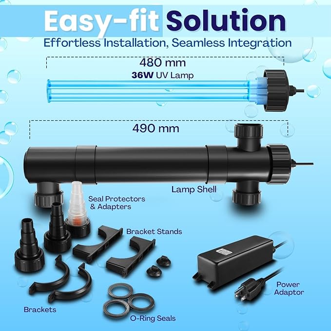 Flexzion Pond UV Lights for Outdoor Ponds - 36W Large Pond UV Light, 9246 Gal Capacity, 4500L/H UV Pond Clarifier for Outdoor Ponds, Clears Water in Days (CUV-136) Flexzion