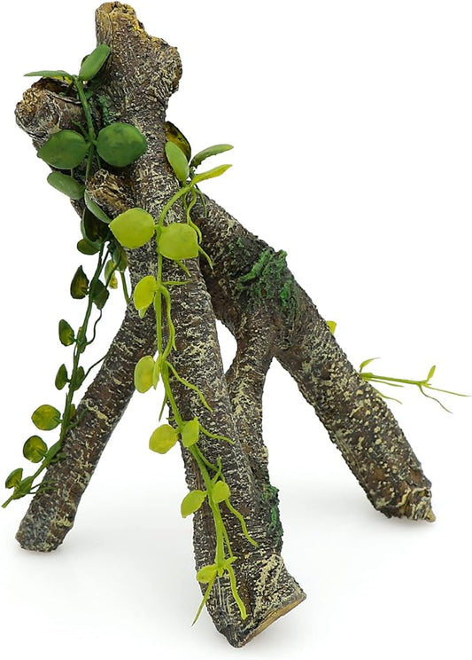 AQUA KT Reptile Corner Branch with Green Leaves Terrarium Desert Habitat Decoration for Lizard Snake Bearded Dragon Chameleon Hermit Crab Leopard Gecko Amphibian Climbing AQUAKT