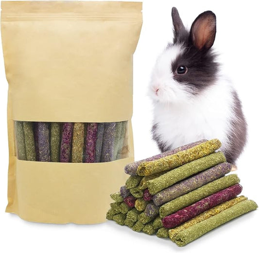 Fhiny 68 PCS Rabbit Chew Sticks, Natural Petals Timothy Hay Sticks Guinea Pig Chewing Toys for Teeth Small Animals Molar Snacks for Bunny Guinea Pig Chinchilla Hamster Fhiny