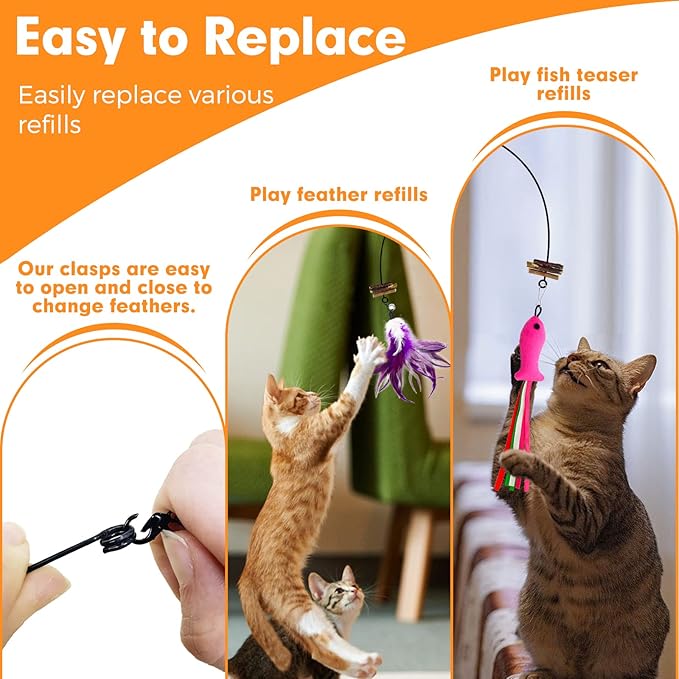 Cat Wand Toy, Cat Feather Toys with Silvervine & Bells, 2 * Cat Teaser Wand & 6 * Teaser Refills, Extra Long 38.5" Wire Cat Wand, Cat Toy for Indoor Cats & Kitten & Kitty - PAWPICO