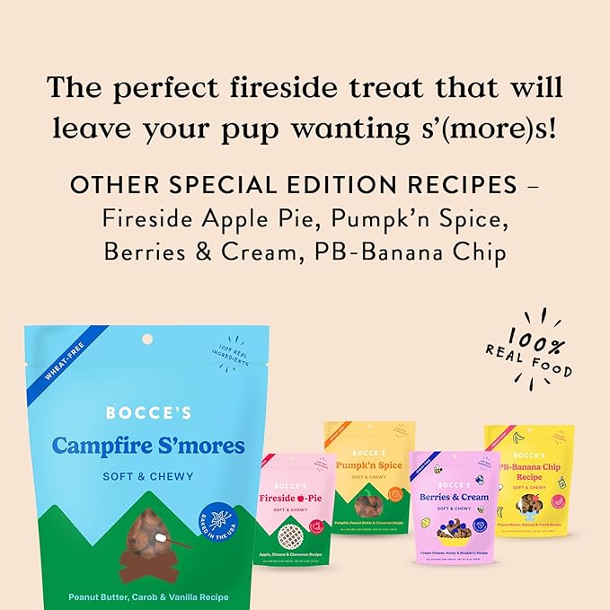 Bocce's Bakery Campfire S'Mores Treats for Dogs, Wheat-Free Everyday Dog Treats, Made with Real Ingredients, Baked in The USA, All-Natural Soft & Chewy Cookies, Peanut Butter, Carob, & Vanilla, 6 oz - PAWPICO