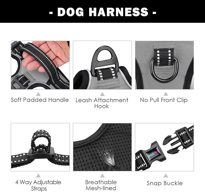 PHOEPET No Pull Dog Harness Medium Reflective Front Clip Vest with Handle,Adjustable 2 Metal Rings 3 Buckles,[Easy to Put on & Take Off](XL, Grey) PHOEPET