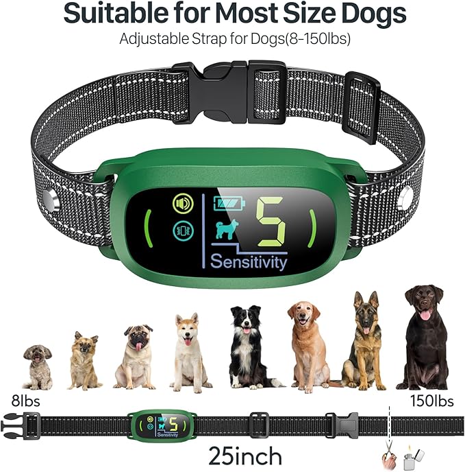Bark Collar, Rechargeable Dog Bark Collar with 5 Adjustable Sensitivity and Intensity Beep Vibration, Anti Barking Collar for Small Medium Large Breed Dogs (Green) FAFAFROG