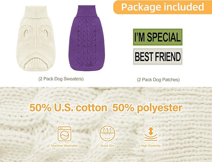 2 Pack Dog Sweaters for Small Dogs - Puppy Medium Warm Clothes in Winter, Turtleneck Pullover Design for Boy Girl Pet, Doggie, Cat, Kitten Chihuahua Bulldog Pug Beagles (M, Purple, Beige) - PAWPICO