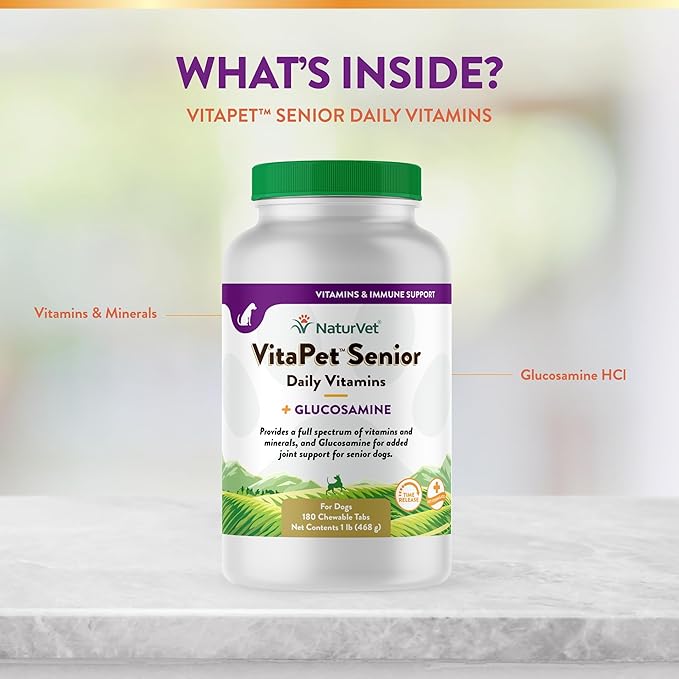 NaturVet VitaPet Senior Daily Vitamins Plus Glucosamine, Dog Multivitamin Supplement, Chewable Tablets, Time Release, Made in The USA with Globally Source Ingredients 180 Count NaturVet