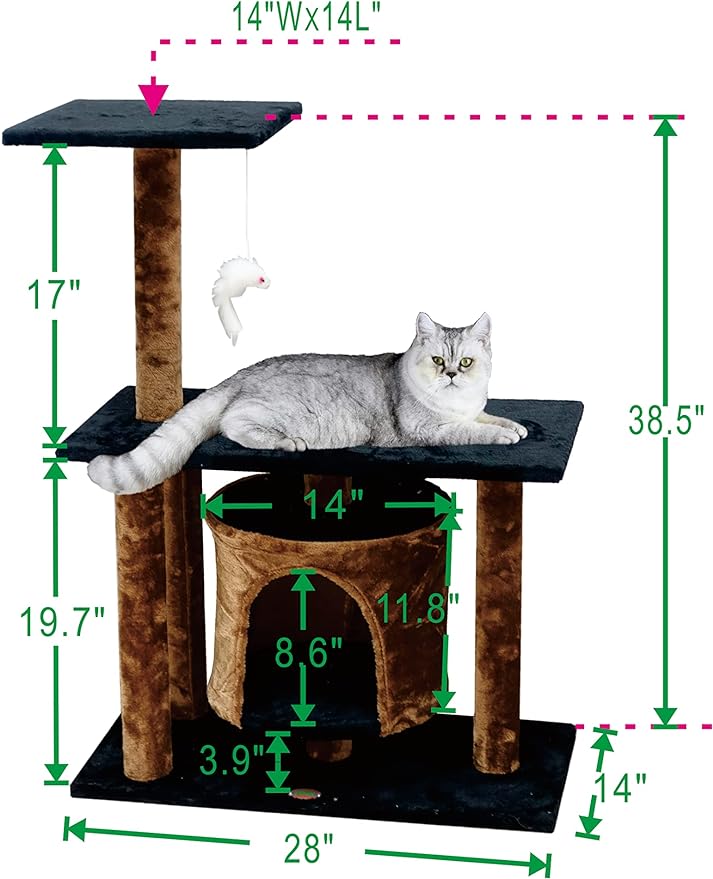 Go Pet Club Everyday Value 38in Cat Tree Kitty Scratcher Tower Kitten Condo House Furniture with Hanging Toy for Indoor Cats, Brown/Black - PAWPICO