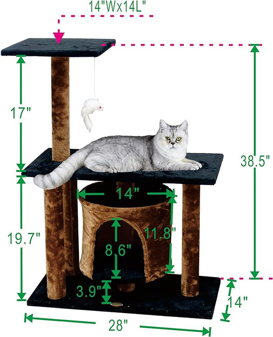 Go Pet Club Everyday Value 38in Cat Tree Kitty Scratcher Tower Kitten Condo House Furniture with Hanging Toy for Indoor Cats, Brown/Black - PAWPICO