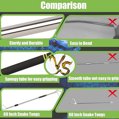 Snake Grabber Tool, 69inch Snake Tongs for Rattlesnake Reptile Tongs Long Reach Grabber Heavy Duty and Made of Stainless Steel Tube Sponge Handle (69inch (Black)) Greeily