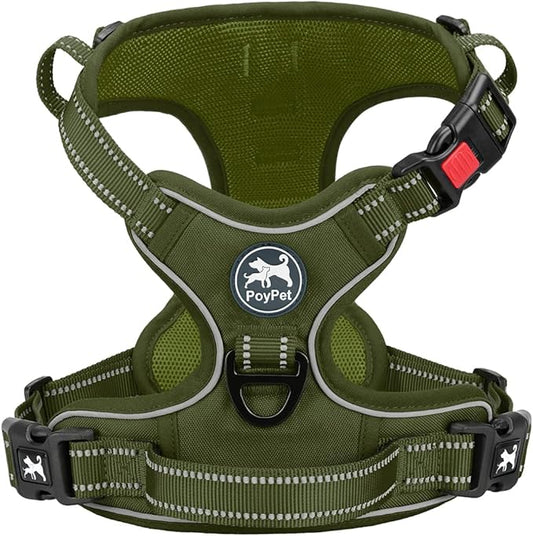 PoyPet No Pull Dog Harness, No Choke Reflective Dog Vest, Adjustable Pet Harnesses with Easy Control Padded Handle for Small Medium Large Dogs(Military Green,M) PoyPet